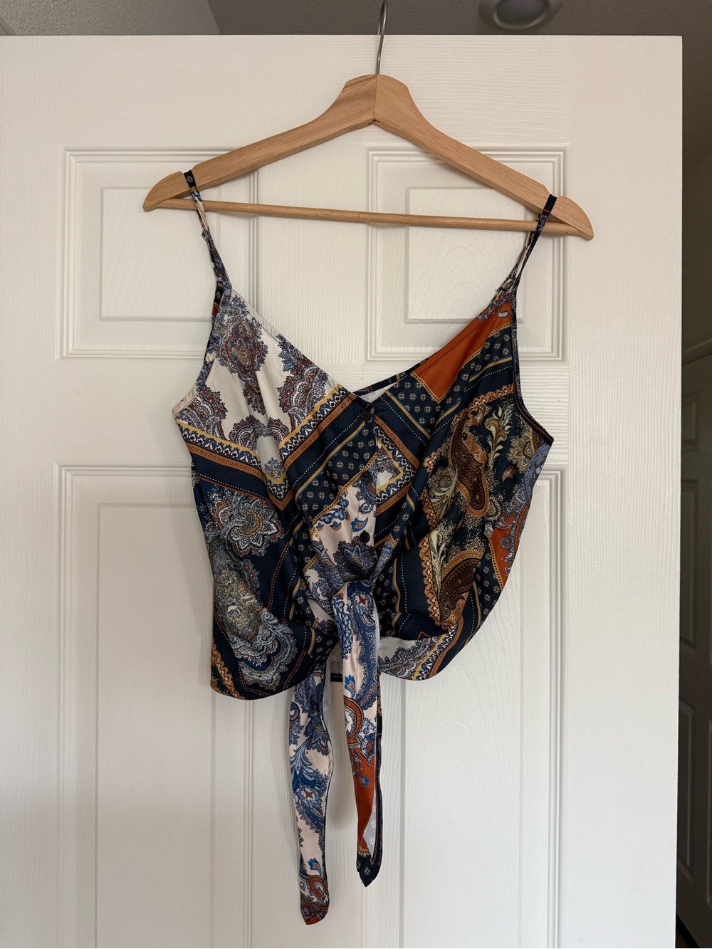 Patterned Navy and Rust Tie-Front Cami Top